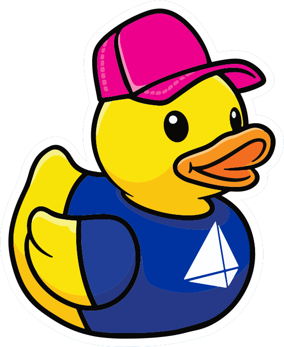 sticker of duck with pink hat and blue shirt with a SailPoint logo