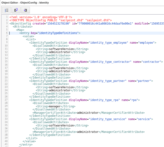 Screenshot of IIQv8.0 ObjectConfig:Identity