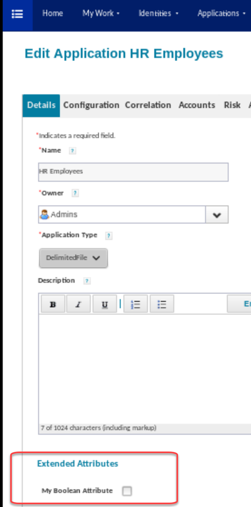 Application definition screen with an extended attribute